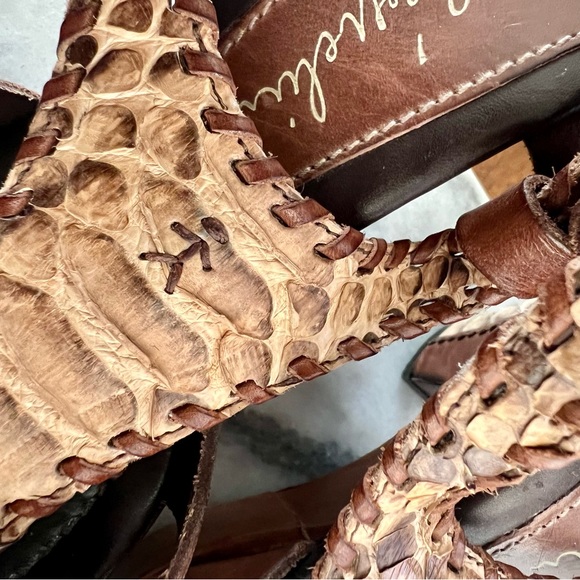 HENRY BEGUELIN cognac leather and snakeskin wedge slingback heels 38.5 - Picture 10 of 11